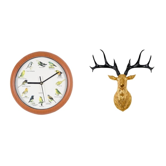 deevoka Wall Clock Singing Bird Wall Clock Deer Head Statue Resin Deer Head Wall Mount Creative Design with Hourly Bird Songs Suitable for Study Room Dining R