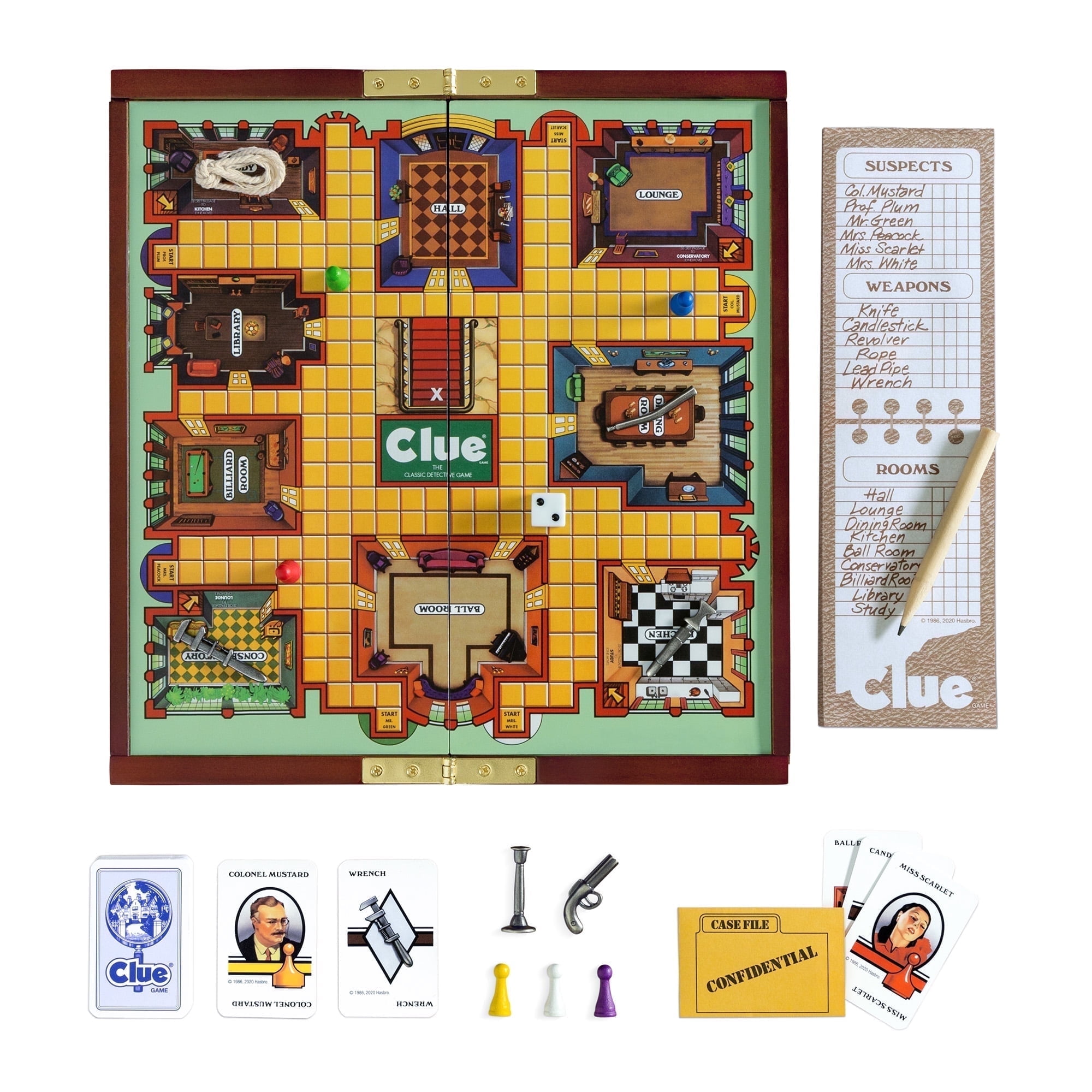 WS Game Company Clue Deluxe Travel Edition Board Game Portable Folding Wood Case with Mini Board, Retro 1986 Graphics, and Storage Perfect for Game Night Anywhere