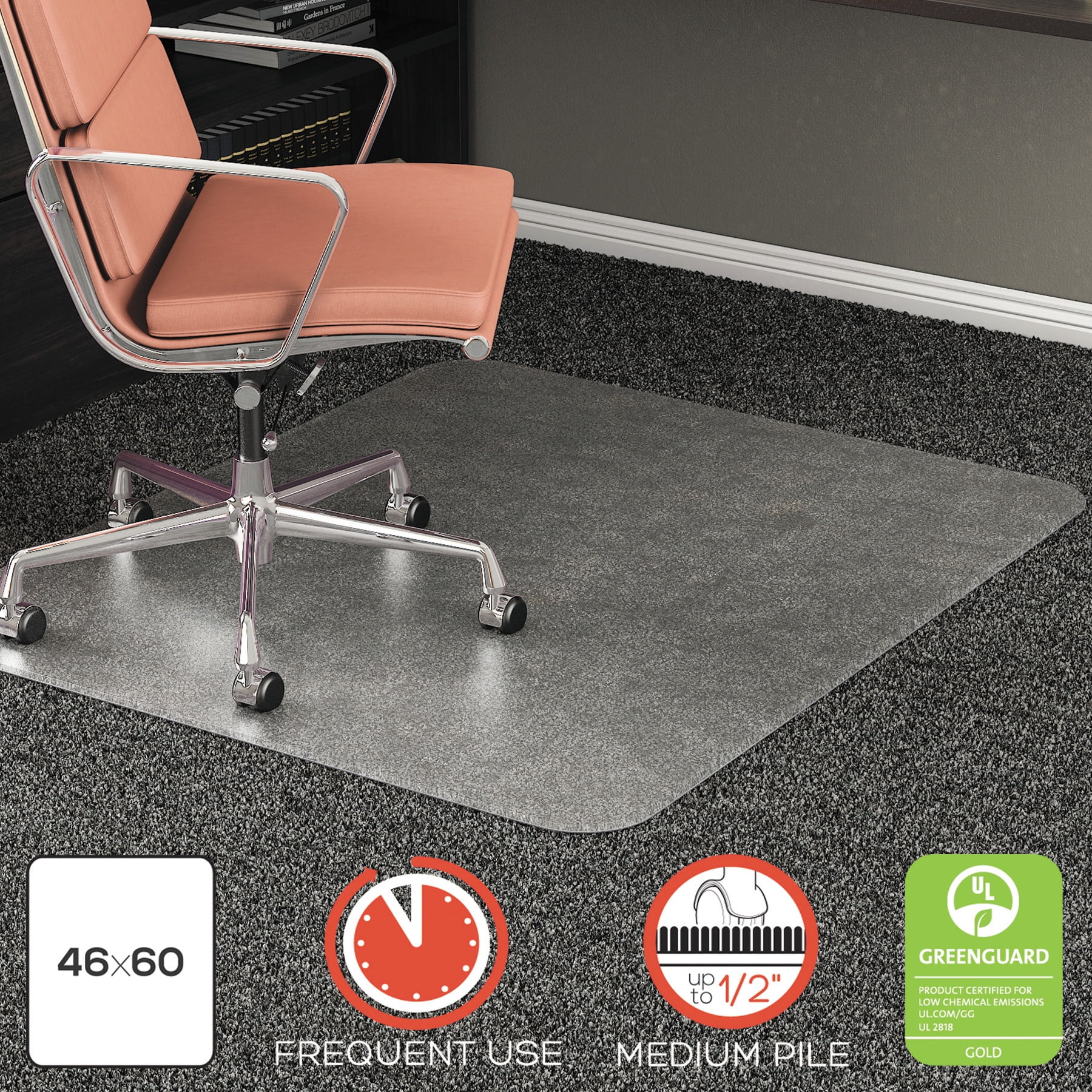 deflecto RollaMat Frequent Use Chair Mat for High Pile Carpet, 46" x 60", Clear