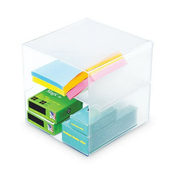 deflecto STACKABLE CUBE ORGANIZER, DIVIDED, 2 COMPARTMENTS, PLASTIC, 6 X 6 X 6, CLEAR | Order of 1 Each