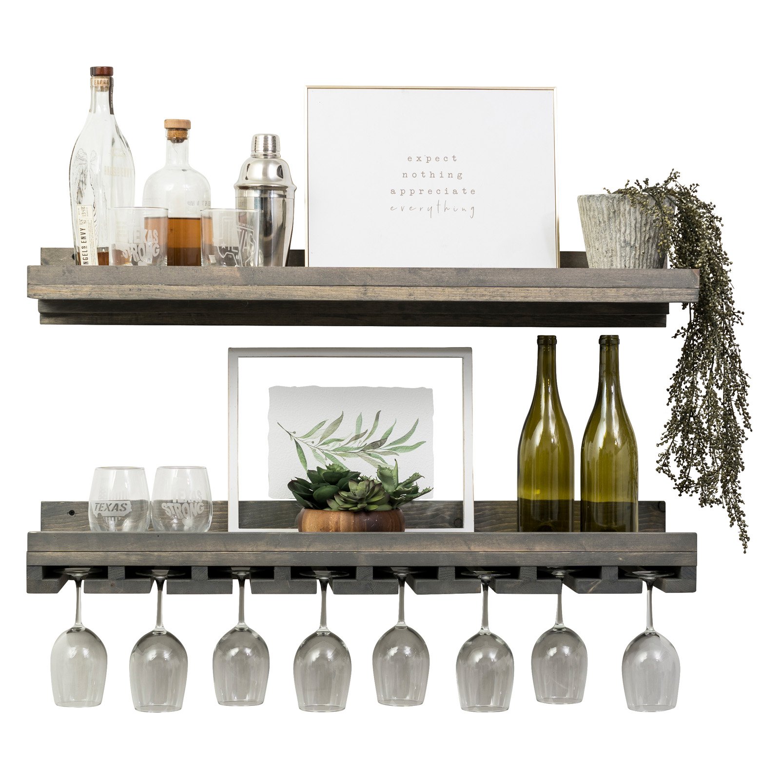 del Hutson Designs Rustic Luxe 36" Stemware Holder and Display Shelf, Grey