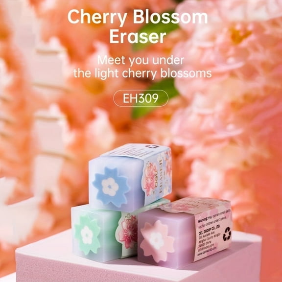 Deli 3 PCS High Aesthetic Cherry Blossom Eraser Romantic Cherry Blossom Theme PVC Eraser # Pink/blue/green
