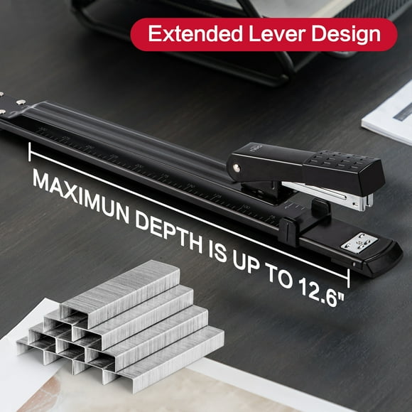 Deli Long Reach  20 Sheet Stapler with 1000 Staples, Long Arm Standard Staplers for Booklet or Book Binding, Black