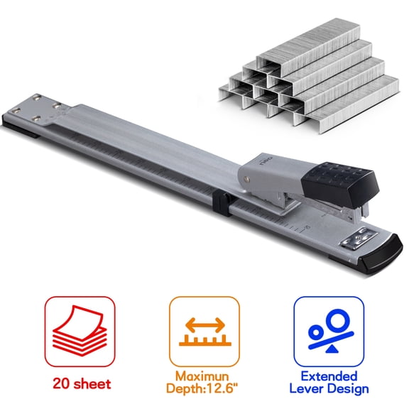 Deli Long Reach  20 Sheet Stapler with 1000 Staples, Long Arm Standard Staplers for Booklet or Book Binding, Silver