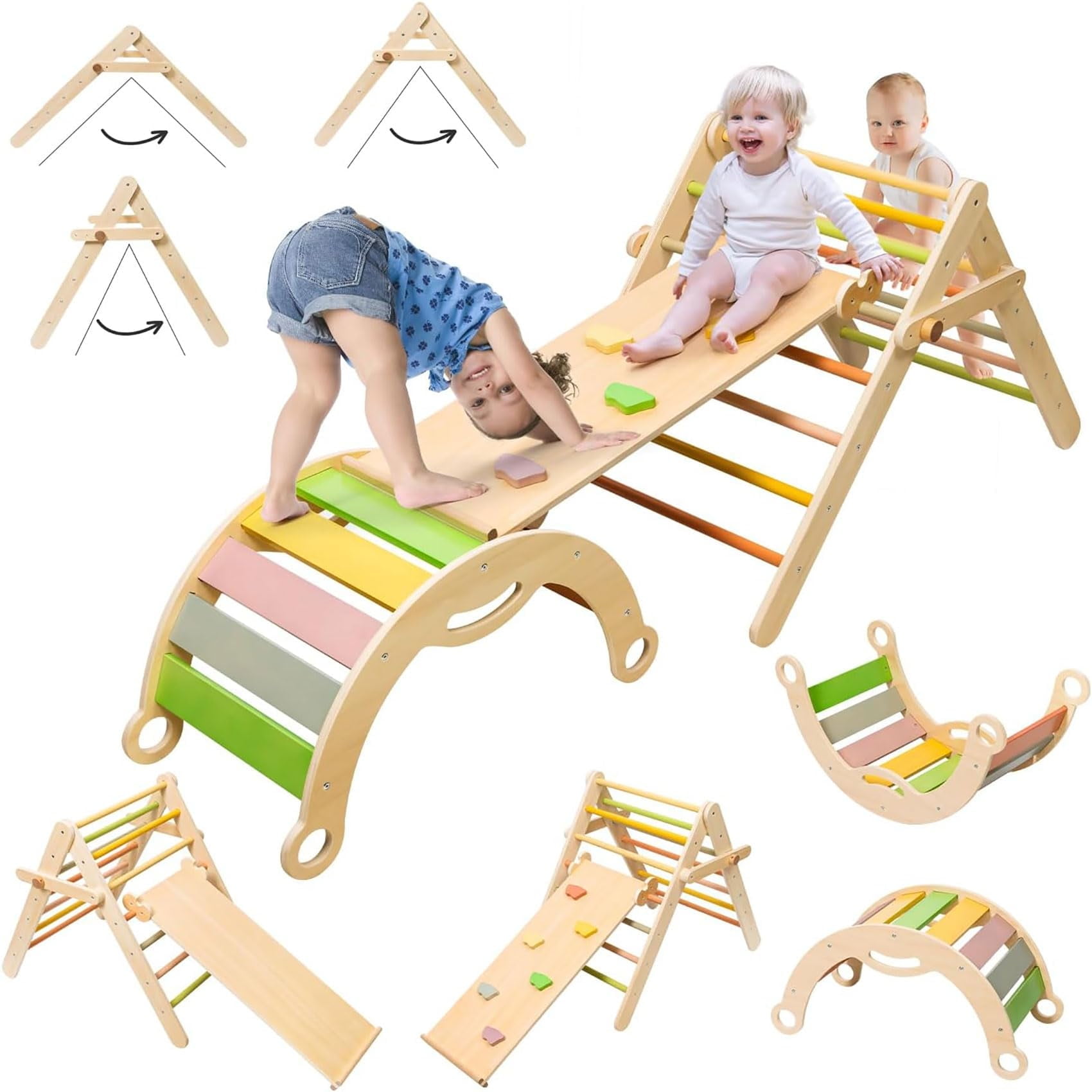 deli 7 in 1 Pikler Triangle Set, Large Size Toddler Climbing Triangle Set, Wooden Baby Jungle Gym Indoor, Foldable Montessori Climbing Set with Ramp, Arch \u0026 Climbing Triangle