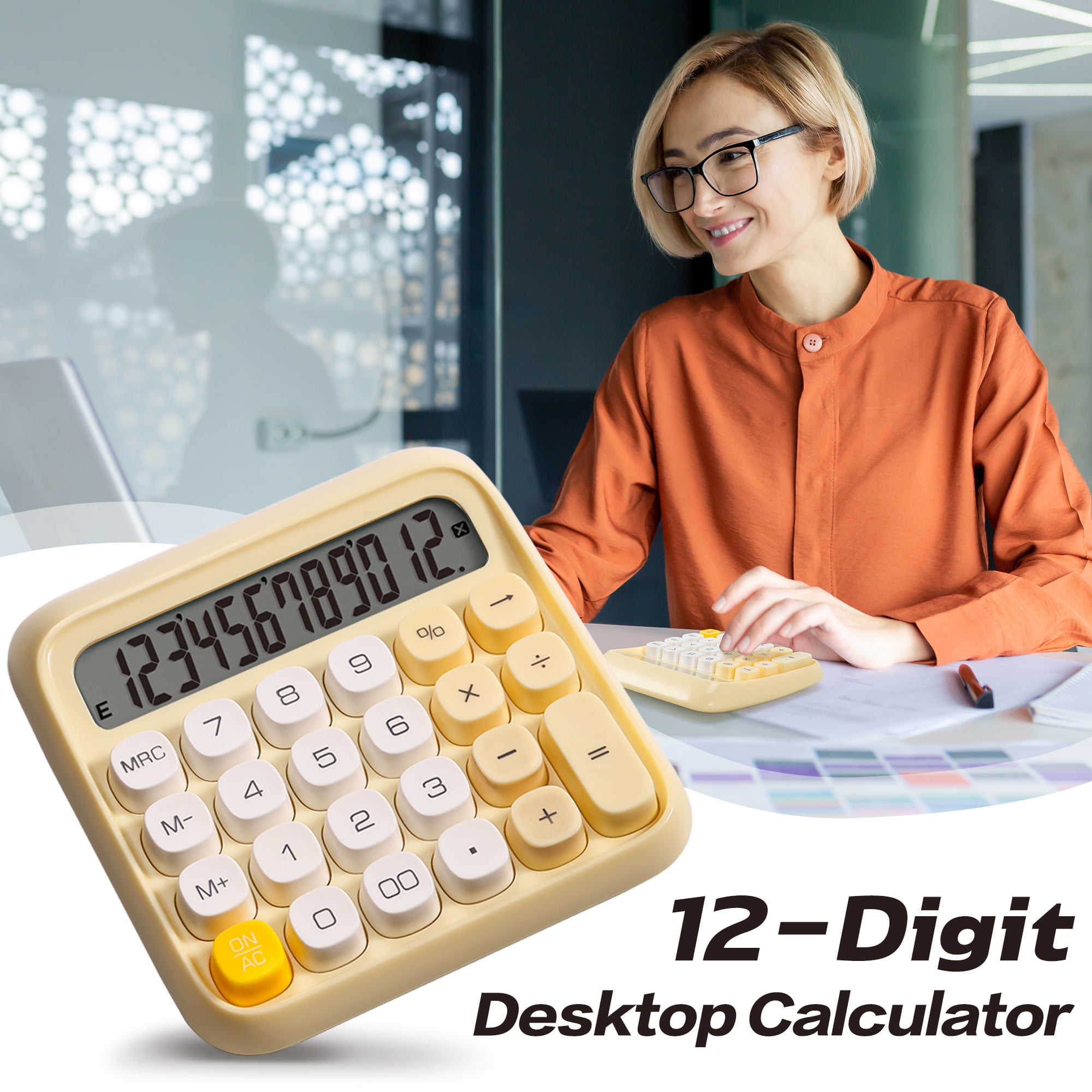Deli 12-Digit Desktop Calculator, Extra Large LCD Display, Basic Standard Calculators for Office, Computing, Exams, Yellow