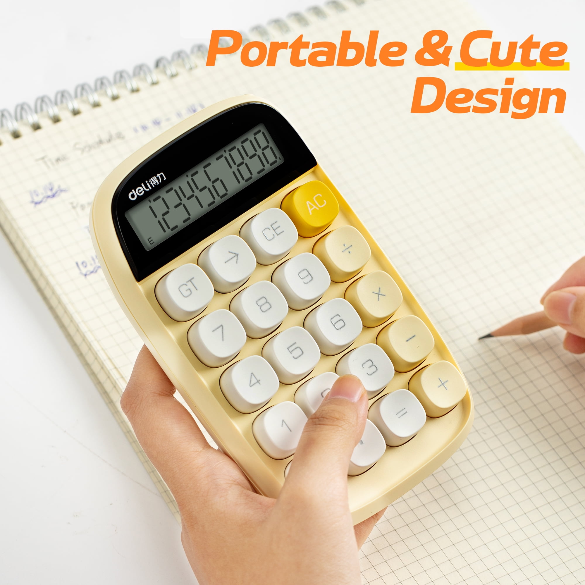 Deli Mechanical Switch Calculator with Battery, Large LCD Display, Big Buttons, Yellow