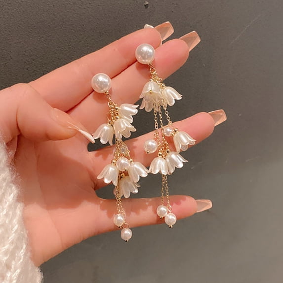 delicate Dangle Drop Earrings, Adorned with White Faux Flowers, Faux White Flowers and Mother of Pearl, for Bridal Events, Garden Weddings, and Feminine Everyday Ensemble Styling