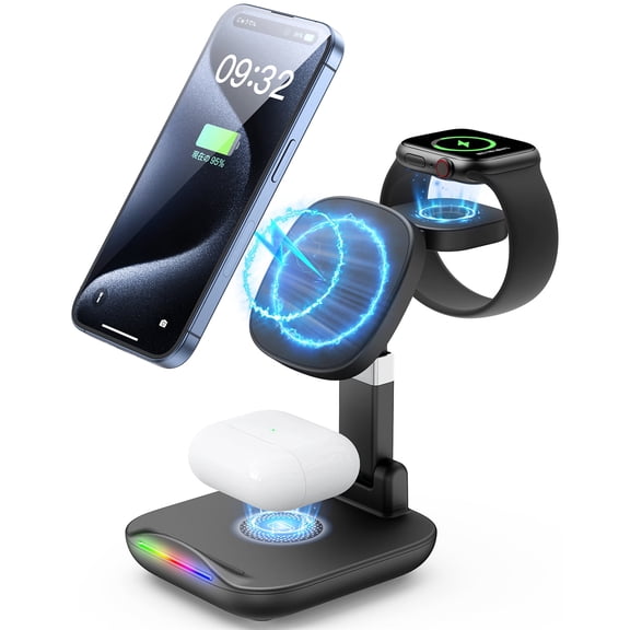 delpattern 3 in 1 Charging Station Magnetic Wireless Charger for Phone Charger Dock Station Black