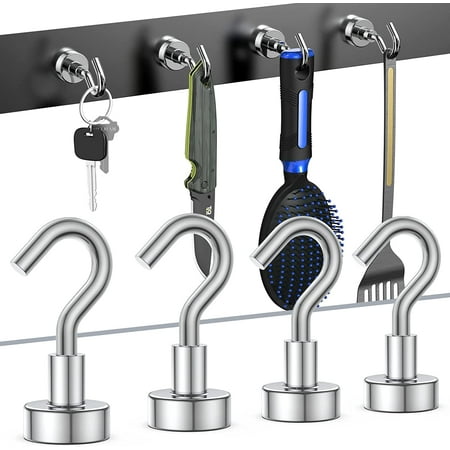 delpattern 4 Pcs Stronger Magnetic Hooks Heavy Duty, 22 lbs Hardware Hooks Silver Magnetic Hangers Set for Home