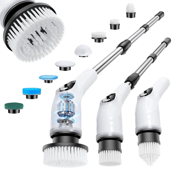 delpattern Electric Spin Scrubber, Cordless Cleaning Brush with 8 Replaceable Heads, Five Speed Power Scrubber with Adjustable Handle for Bathroom, Tub, Floor, Tile, Car Clean Without Bending