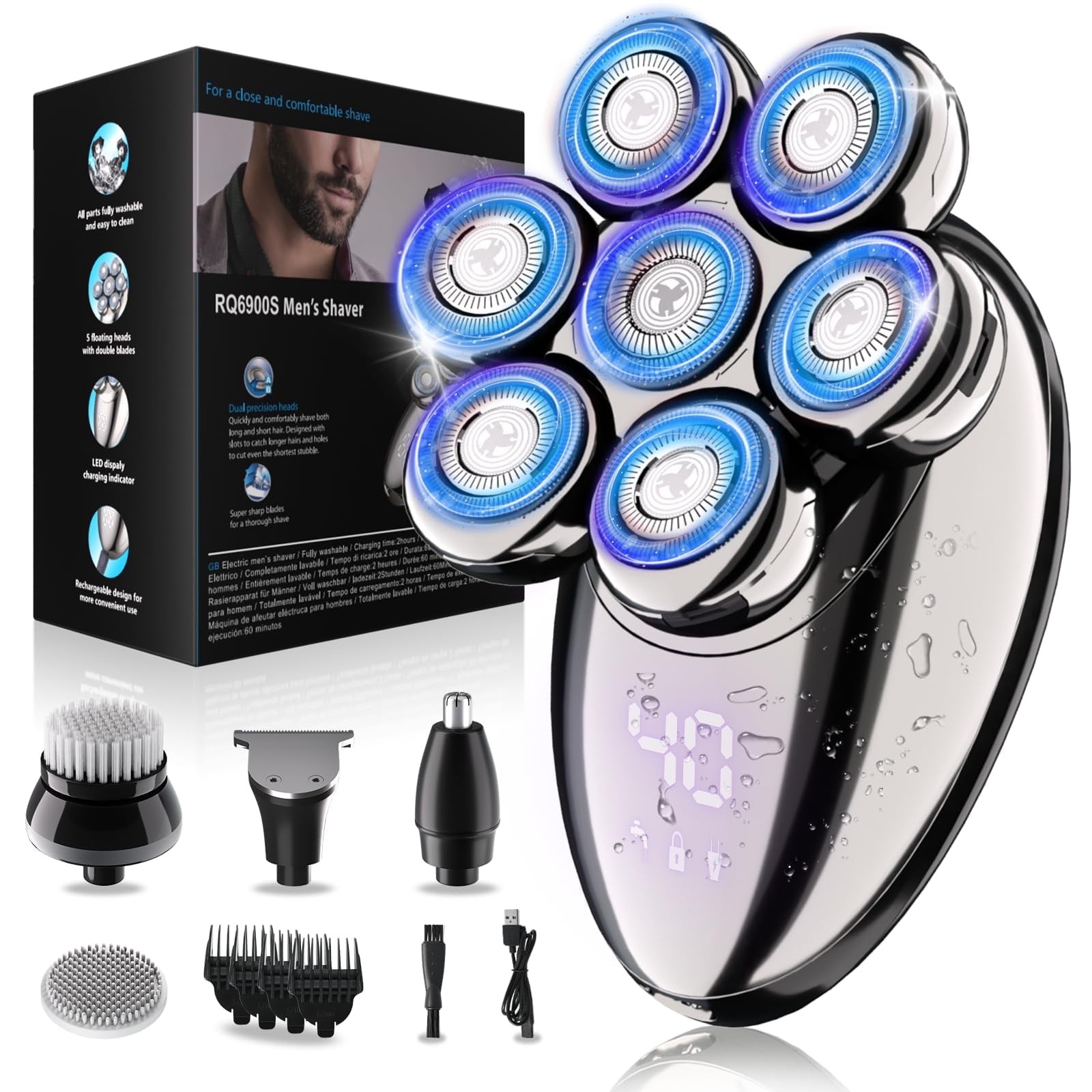 delpattern Head Shavers for Bald Men, Magnetic Electric Razor, 7D Rotary Shaver 5 in 1 Grooming Kit, IPX7 Waterproof, Wet/Dry, LED Display, Rechargeable, Cordless