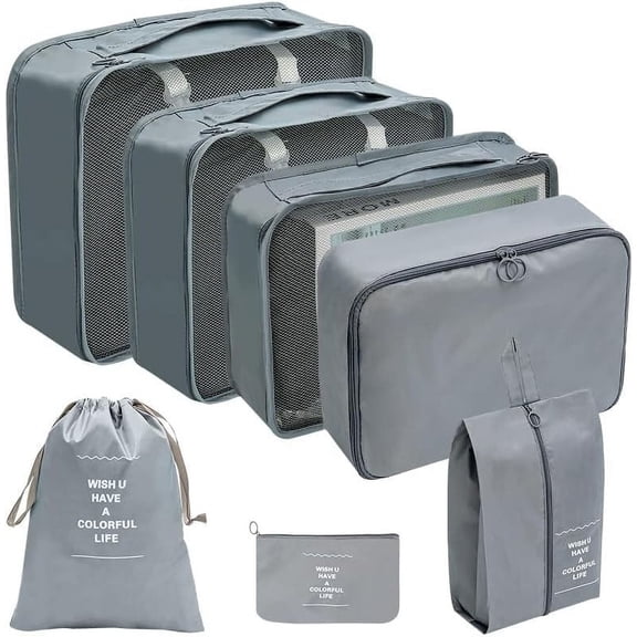 delpattern Packing Cubes for Travel 7 Pcs Foldable Set Lightweight Luggage Organizers Grey