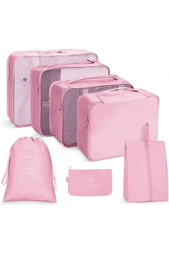 Packing Cubes for Travel 7 Pcs Foldable Set Lightweight Luggage Organizers Pink