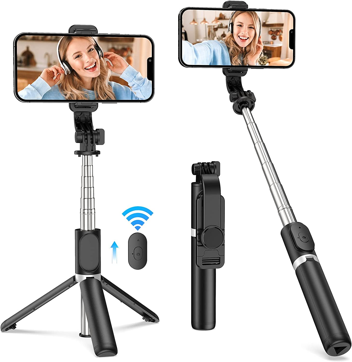 62 Phone Tripod & Selfie Stick, Extendable Cell Phone Tripod Stand with  Wireless Remote and Phone Holder, Compatible with iPhone Android Phone,  Camera (Black)(NO.867) 