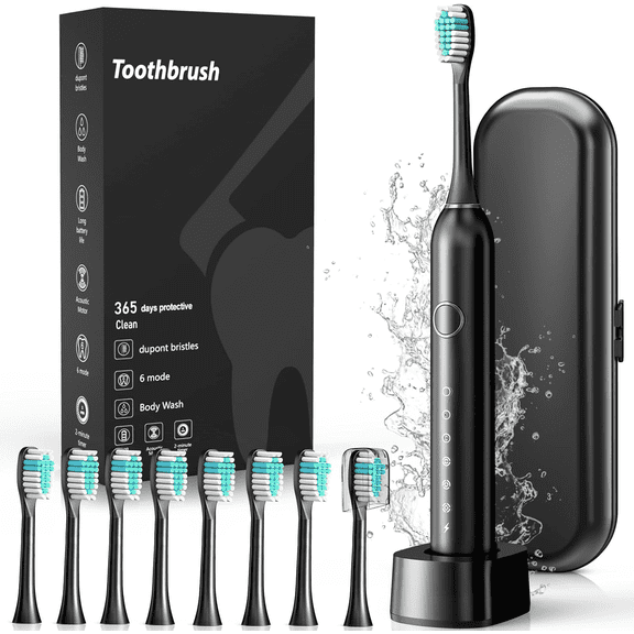 Scootworks Sonic Electric Toothbrush, Adult Toothbrush Electric with 8 Brush Heads, 6 Modes, Wireless Fast Charge, 40000 VPM Deep Clean, Travel Case, Smart Timer, Black