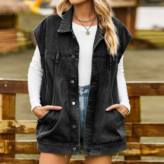 denim jacket women,Black Womens Oversized Denim Waistcoat Sleeveless Jacket Vest Stand Collar Full Zip Jean Jacket Warm Coat Outwear