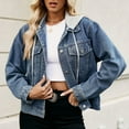 thumbnail image 1 of denim jacket women,Blue Denim Jackets for Women Casual Long Sleeve Oversized Button Down Casual Jean Shacket Jackets Western Trendy Coats With with Detachable Hood, 1 of 6