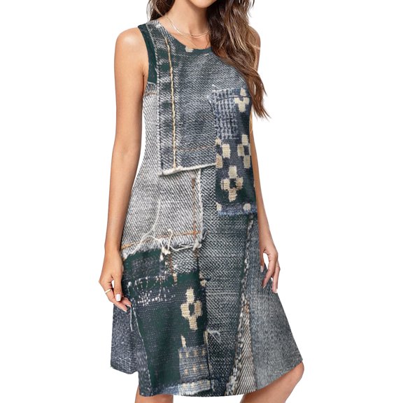 denim patchwork Spring Summer Dresses for Women Fashion T-shirt Dress Casual Sleeveless Loose Sundress with Pockets