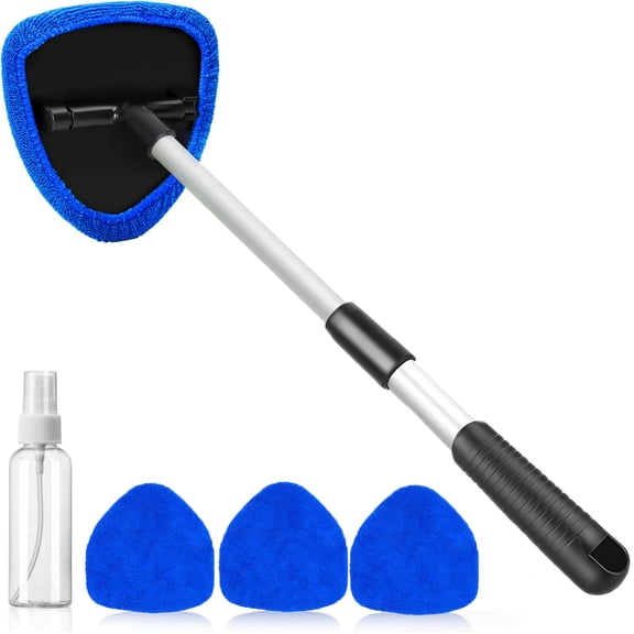 desin Windshield Cleaning Tool, Car Window Cleaner Windshield Cleaner with 4 Reusable and Washable Microfiber Pads and Extendable Handle Auto Inside Glass Wiper Kit (Green)