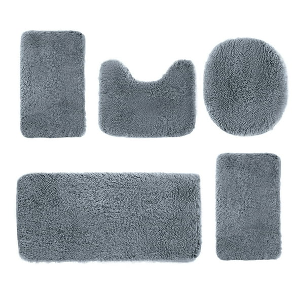 dfutuy Universal Fleece Bath Mats 5 Pcs Set Bathroom Rugs Toilet Mats Soft Comfortable Water Absorption Non-Slip Thick Machine Washable Easy Dry