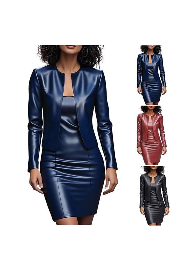 2-Piece Faux Leather Dress Set, Long Sleeve Bodycon Dress with Matching Motorcycle Jacket, Edgy Office Outfit for Fall Wine XL