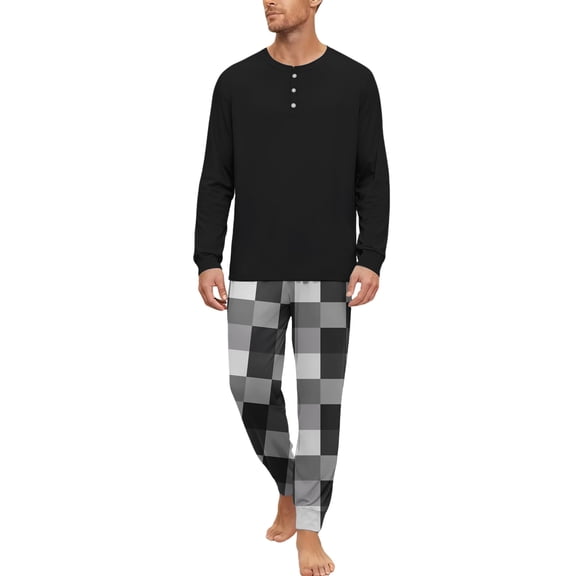 dgysar 2pcs Men's Pajama Set, Henley Neck Solid Color Top & Plaid Pants, 4-Piece Soft Cotton Sleepwear for Lounging, Travel & Holiday Gift for Him. Light Gray L