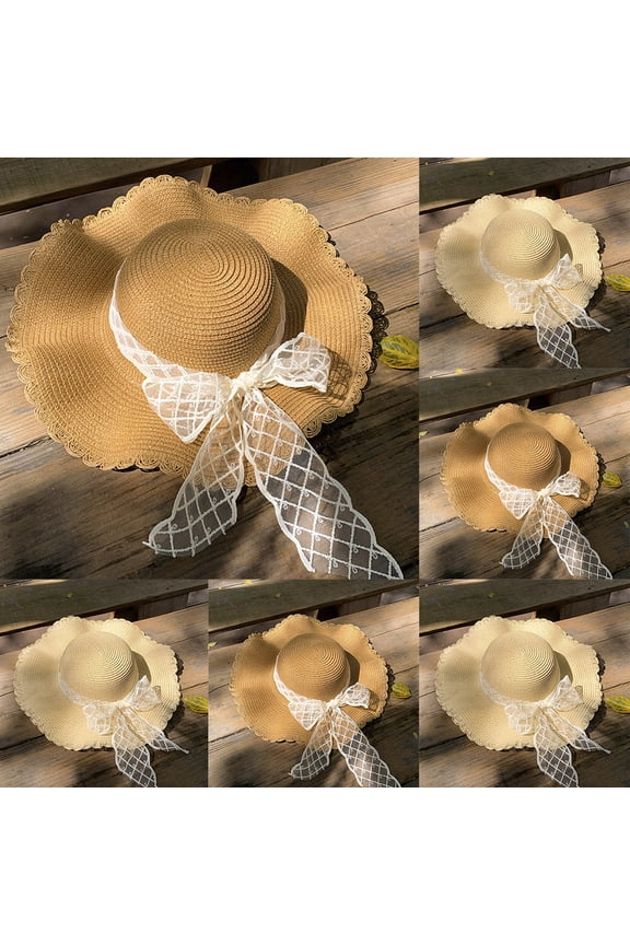 3.94 Inch Brim Straw Sun Hat Lace Plaid Bowknot Wavy Edge Foldable Breathable Beach Cap for Summer Vacation Poolside Outdoor Events Beige Grid Lace