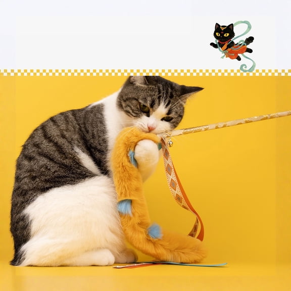 dgysar Artistic Cultural Series Feather Teaser Wand with Long Rope and Bell Interactive Cat Teaser Stick for Self-Playing Boredom Relief and Hunting Exercise