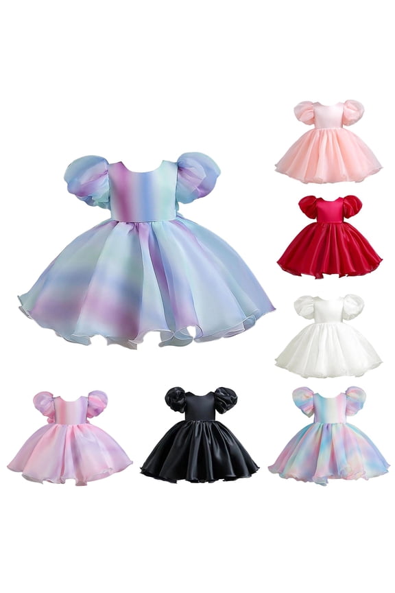 B-aby Girl Puff Sleeve Dress, Floral Print Party Gown for Pageant, Christening, 1st Birthday & “Little Miss” Contests Pink 80