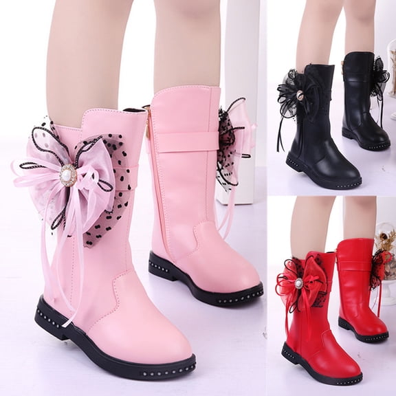 dgysar Big Girls Winter Tall Boots Princess Fleece Lined Leather Warm Non-slip Elegant Long Boots for Indoor Outdoor Daily Use Pink 27