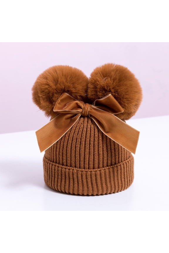 Bonnet with Double Pom-pom Bow, Extra Warm Thick Knit Winter Hat for Infant & Toddler, Cross-border Popular Newborn Photoshoot and Outdoor Gear. Light Brown
