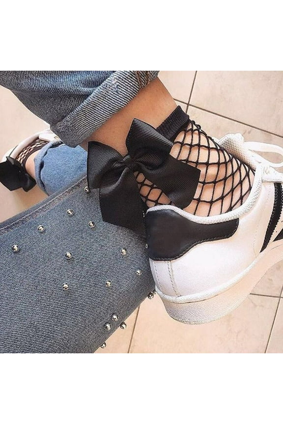 Bowknot Fishnet Stockings Large Mesh High Waist Hollow Out Pantyhose Fashion Hosiery for Women Black