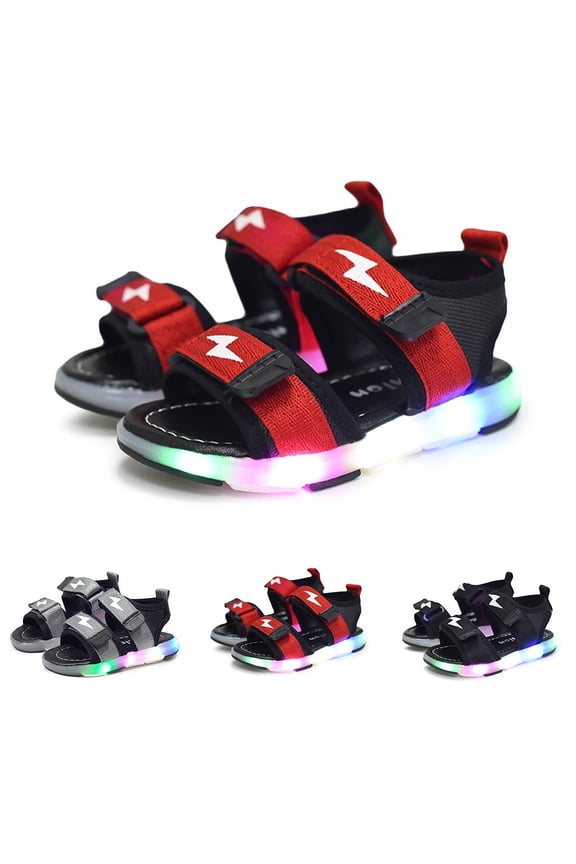 Boys LED Light Up Beach Sandals Hollow Out Breathable Lightning Design Non-slip Soft Sole for Summer Outdoor Daily Beach Use Red 24