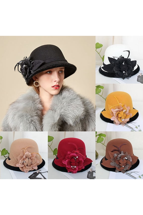 British Style Feather Flower Wool Felt Bucket Hat Elegant Vintage Church Derby Dress Hat for Women Universal Khaki