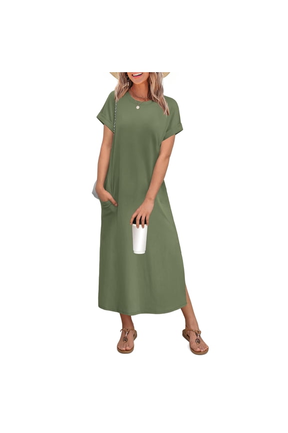 Casual Pull-On Dress,Round Neck Stretchy Midi Dress That Requires No Ironing, Go-To Dress for Busy Mornings, Travel & Stress-Free Dressing. Pink M