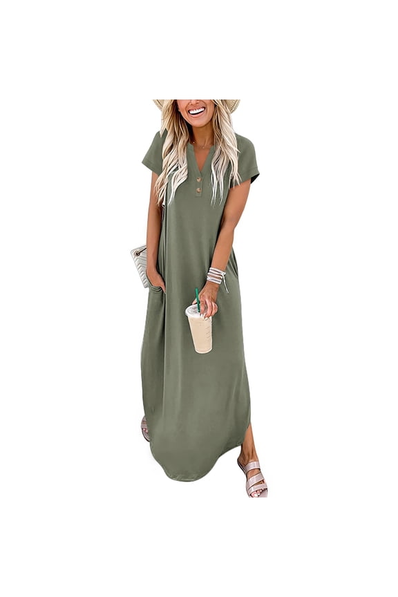 Casual Pull-On Dress,V Neck Stretchy Midi Dress That Requires No Ironing, Go-To Dress for Busy Mornings, Travel & Stress-Free Dressing. Blue S