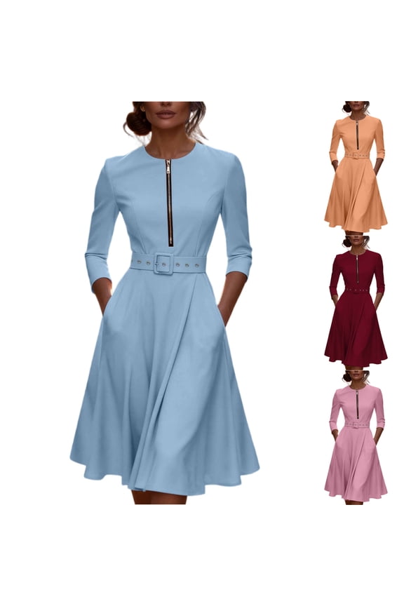 Casual Zip-Front Dress, 3/4 Sleeve Dress with Drawstring Waist, Urban Fashion Dress with an Industrial Touch for Trendy Looks. Pink XL