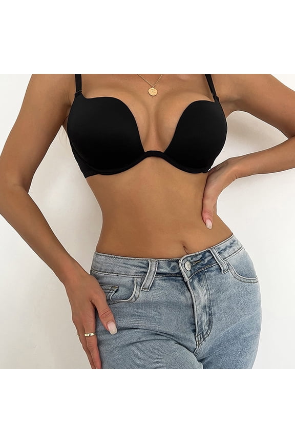 Convertible Halter Neck Bra, Deep V Plunge with Push-Up Pads & Low Back, Sexy for Evening Wear, Weddings & Cleavage Black 75D