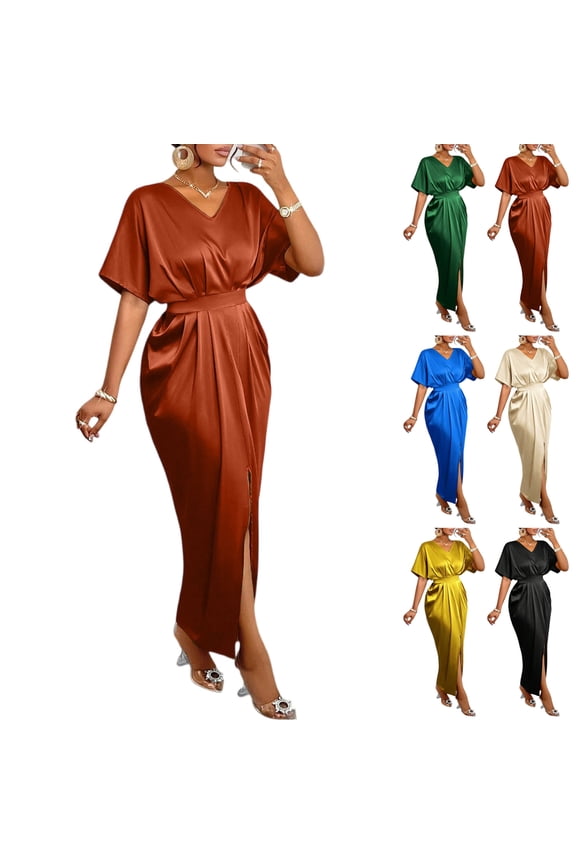 Elegant Satin Evening Dress, Deep V-Neck & Thigh High Slit, Hollywood Glam Dress for Awards, Opera & Glamorous Events Green 2XL