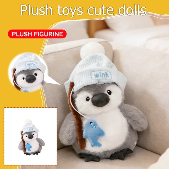 dgysar Fishing Penguin Plush Toy Cute Wink Hat Stuffed Animal with Small Fish Accessory Winter Style Decor for Study Room Desk Shelf A16