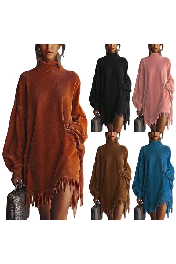 Fringe Hem Corduroy Dress, Oversized Fit with Roll Neck, Unique Statement Dress for Music Lovers, Vintage Shops & Cold Days Pink XL