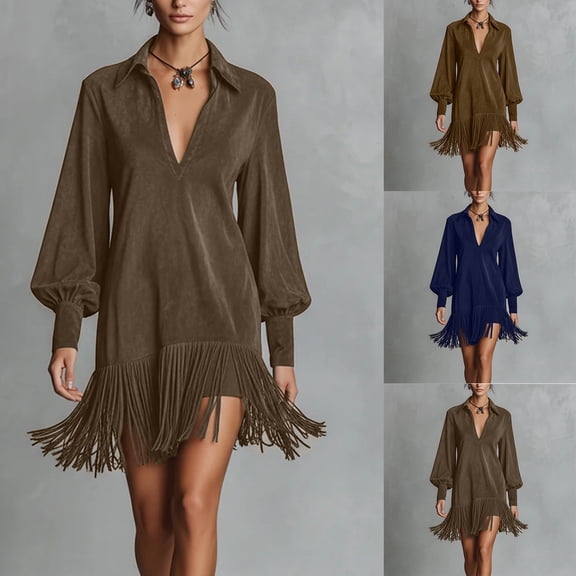 dgysar Fringe Hem Suede Dress - Retro Style Casual Dress, Perfect for Music Festivals, Parties or Adding Boho Flair to Your Wardrobe Light Brown M