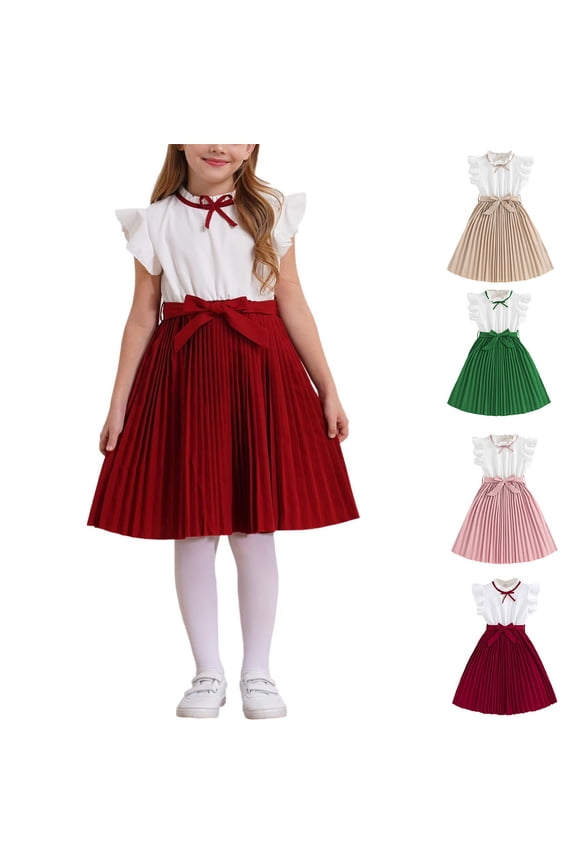 Girls Color Block Dress, Flutter Sleeves & Pleated Skirt, Fashion-Forward Birthday Dress for Parties & Photos Pink 150