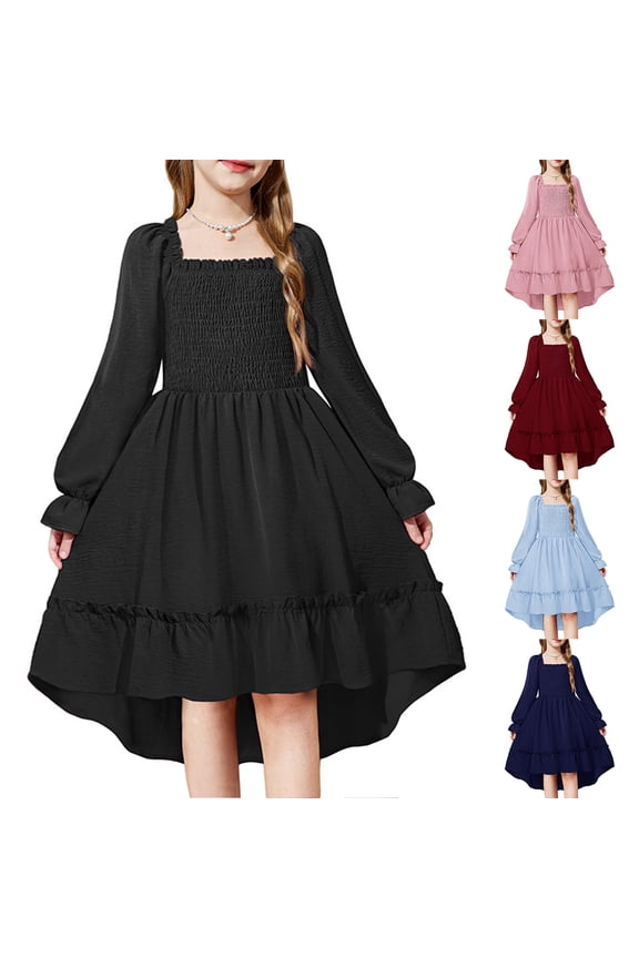 Girls Flared Sleeve Dress, Square Neck with Ruffled Hem Maxi, Dramatic Party Dress for Photos, Weddings & Formal Events Red 130