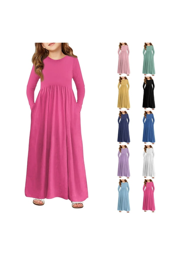 Girls Long Sleeve Maxi Dress, with Pockets & Flowy Skirt, Perfect for School, Spring& Fall Days & Layering Pink 160