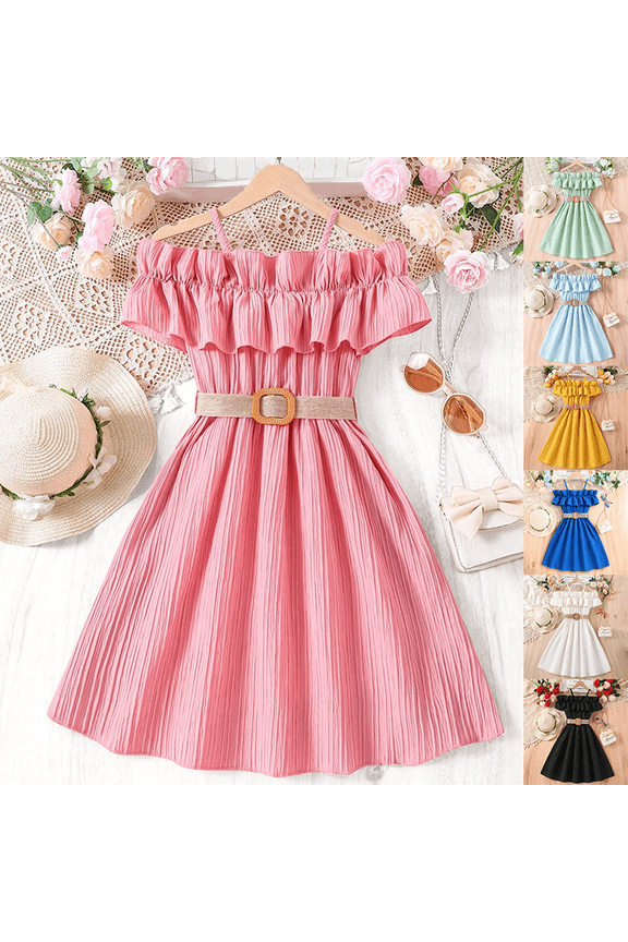 Girls Off-Shoulder Dress, Ruffled Hem & Tiered Skirt, Chic Party Dress for Tweens, Photo Shoots & Fashionable Events Pink 110