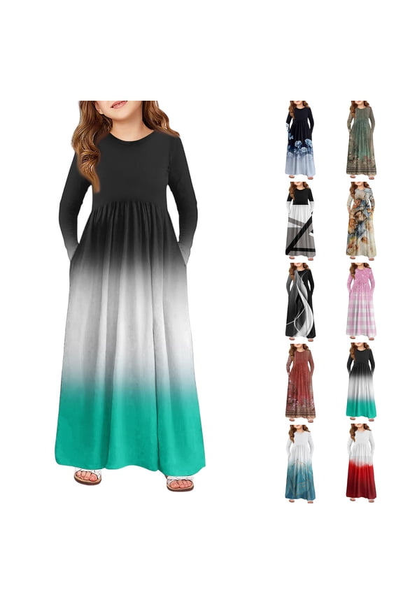 Girls Seasonal Maxi Dress: Long Sleeve Dress with Chic Pockets & Subtle Embroidery, Medium-Weight Fabric for Spring Showers, Autumn Walks, Holiday Dinners Pink 140