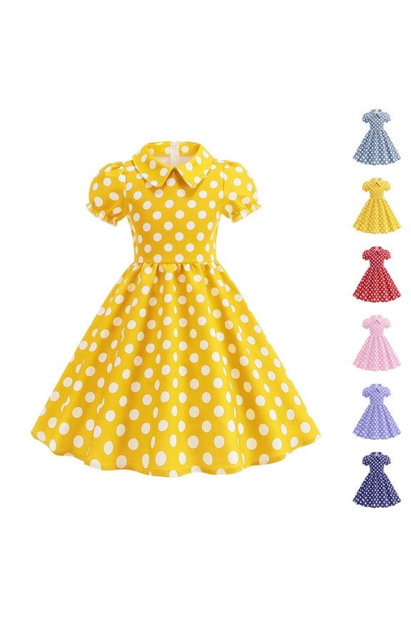 Girls Short Sleeve Dot Dress, Peter Pan Collar & Flared Skirt, Adorable Everyday Dress for School, Church & Family Photos Pink 120