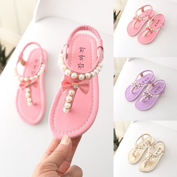 dgysar Girls Summer Flip Flops Beaded Bow Princess Sandals Cute Toe Post Sandals Breathable Soft Sole for Daily Beach Party Casual Wear Pink 33